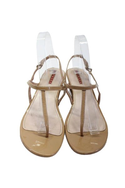 Prada Womens Patent Leather T Strap Wedge Sandals Beige Size 9.5