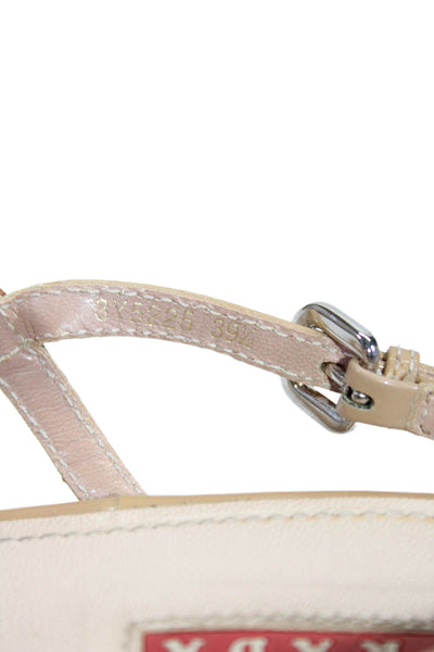 Prada Womens Patent Leather T Strap Wedge Sandals Beige Size 9.5