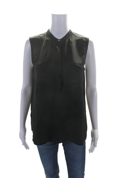 Vince Womens Silk Black Henley Front Pockets Sleeveless Blouse Top Size S