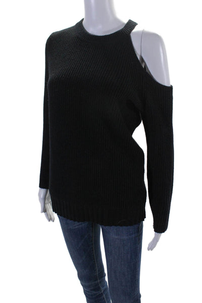 David Lerner Womens Wool Ribbed Cold Shoulder Long Sleeve Sweater Black Size S