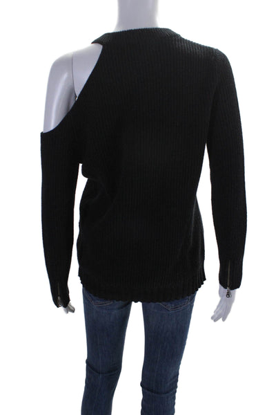 David Lerner Womens Wool Ribbed Cold Shoulder Long Sleeve Sweater Black Size S