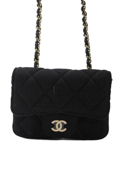 Chanel Womens Quilted CC Chain Link Card Holder Belt Bag Black Cotton