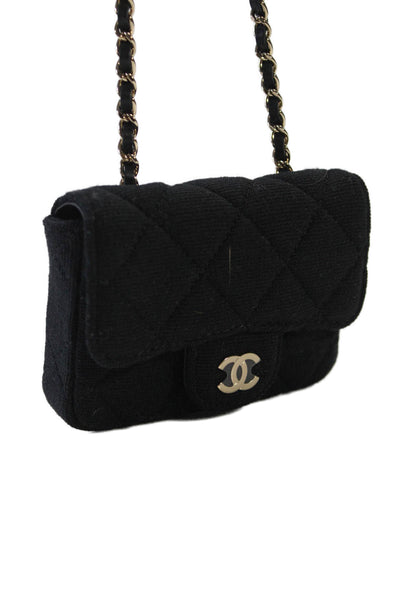 Chanel Womens Quilted CC Chain Link Card Holder Belt Bag Black Cotton