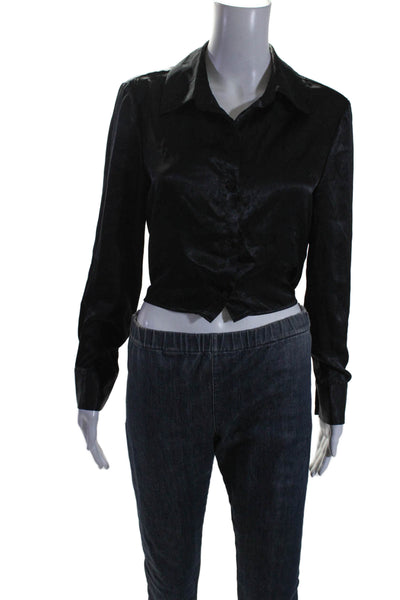 Drew Womens Satin Long Sleeve Collared Button Down High Low Shirt Black Size S