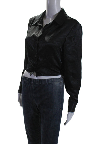 Drew Womens Satin Long Sleeve Collared Button Down High Low Shirt Black Size S