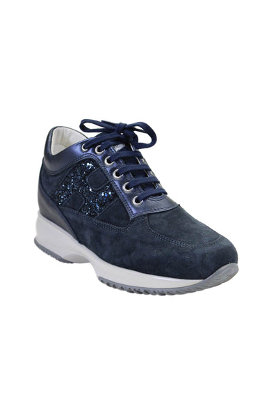 Hogan Womens Navy Blue Glittery Suede Lace Up Training Sneakers Shoes Size 6