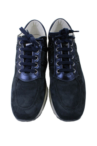 Hogan Womens Navy Blue Glittery Suede Lace Up Training Sneakers Shoes Size 6