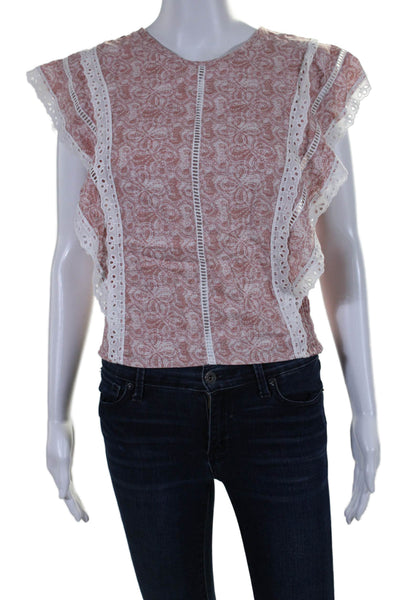 Misa Womens Short Sleeve Eyelet Lace Trim Smocked Blouse Pink Size M