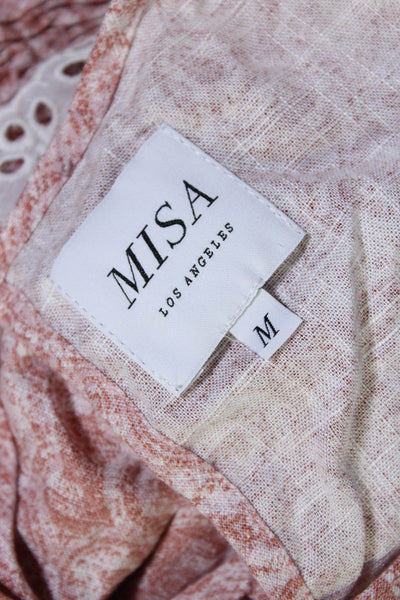 Misa Womens Short Sleeve Eyelet Lace Trim Smocked Blouse Pink Size M