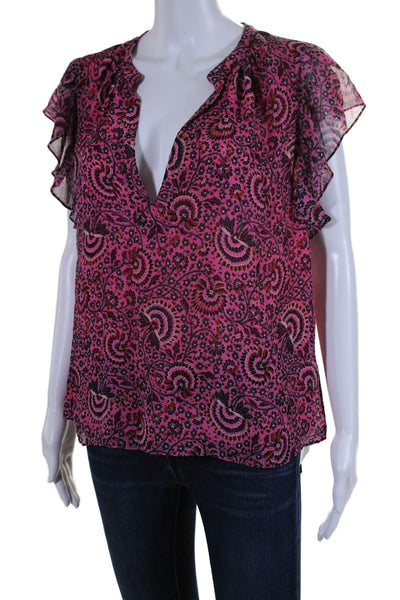 ALC Womens Silk Short Sleeve Floral Print V Neck Blouse Pink Size 6