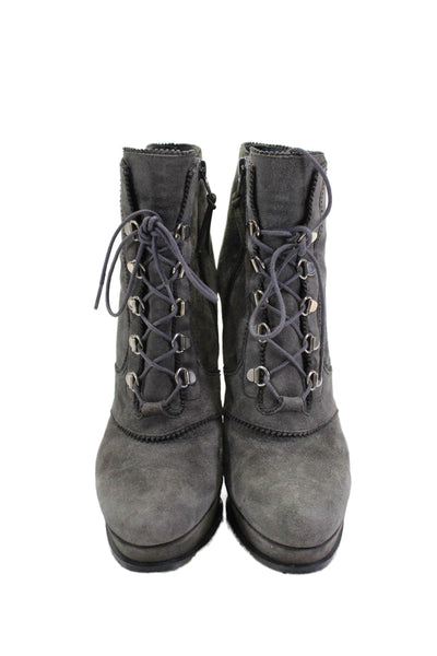 Stuart Weitzman Womens Suede Platform High Heel Lace Up Ankle Boots Gray Size 9