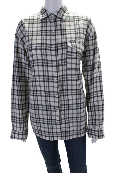 Adika Womens Plaid Button Down Shirt White Black Cotton Size Extra Small