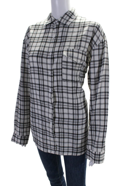 Adika Womens Plaid Button Down Shirt White Black Cotton Size Extra Small