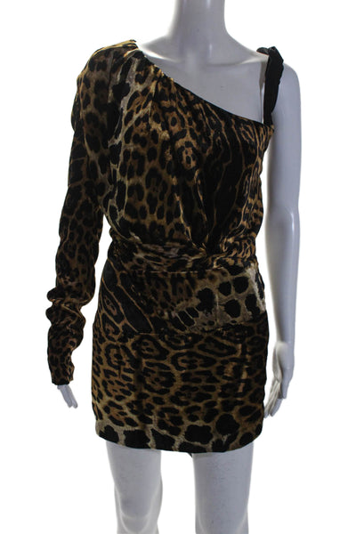 Saint Laurent Womens Brown Printed Long Sleeve One Shoulder Mini Dress Size S