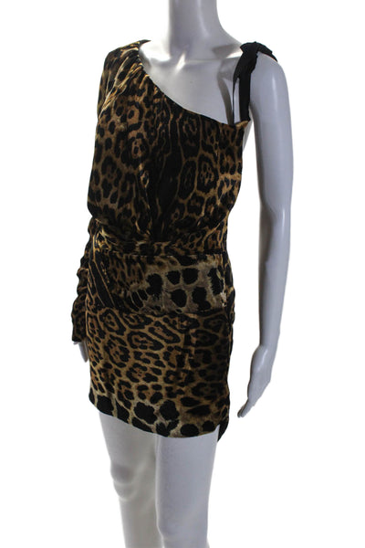 Saint Laurent Womens Brown Printed Long Sleeve One Shoulder Mini Dress Size S