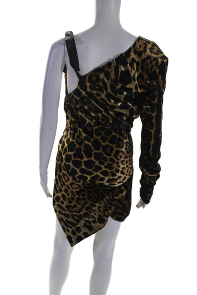Saint Laurent Womens Brown Printed Long Sleeve One Shoulder Mini Dress Size S