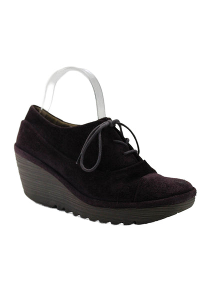 Fly London Womens Suede Round Toe Lace Up Wedge Oxfords Purple Size 40 10