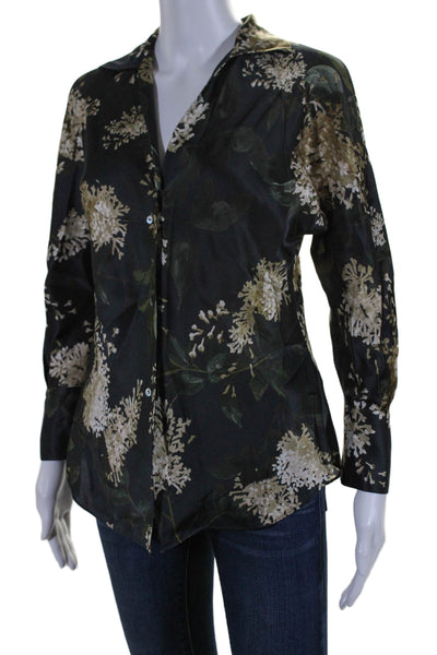 Vince Womens Long Sleeve Collared Floral Print Button Down Blouse Black Size XS