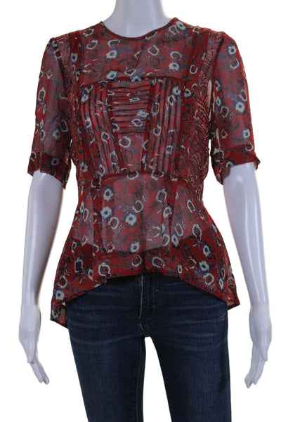 Veronica Beard Womens Short Sleeve Abstract Print Back Zip Blouse Red 4