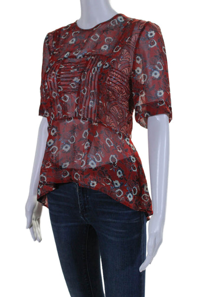 Veronica Beard Womens Short Sleeve Abstract Print Back Zip Blouse Red 4