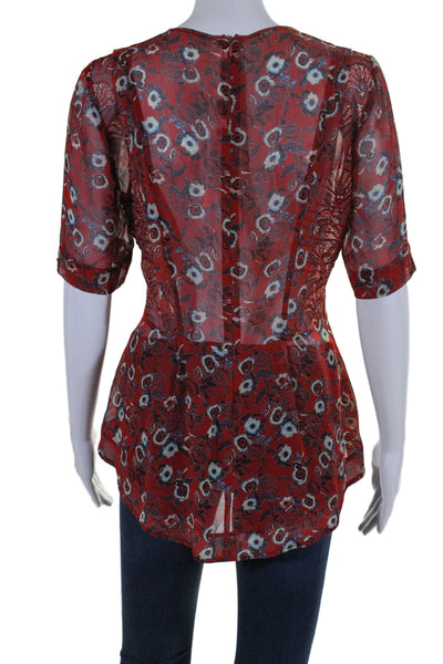 Veronica Beard Womens Short Sleeve Abstract Print Back Zip Blouse Red 4