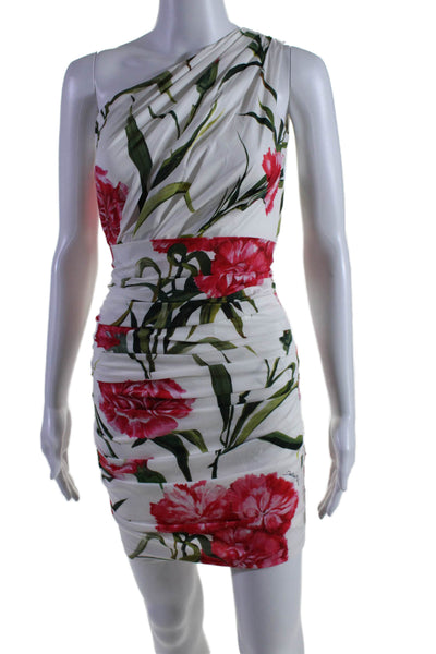 Dolce and Gabbana Womens One Shoulder Ruched Floral Dress White Size IT 36