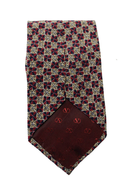 Valentino Cravatte Mens Silk Geometric Print Wide Length Necktie Beige Red