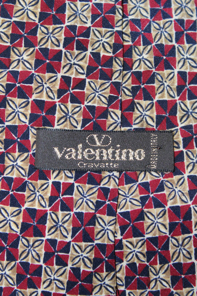 Valentino Cravatte Mens Silk Geometric Print Wide Length Necktie Beige Red