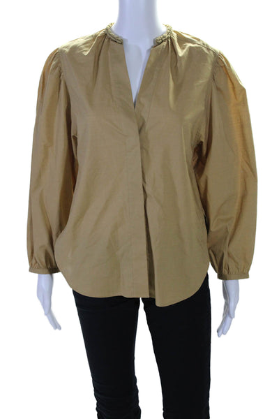 Vince Women's Long Sleeves Button Down Cotton Round Neck Blouse Tan Size XXS