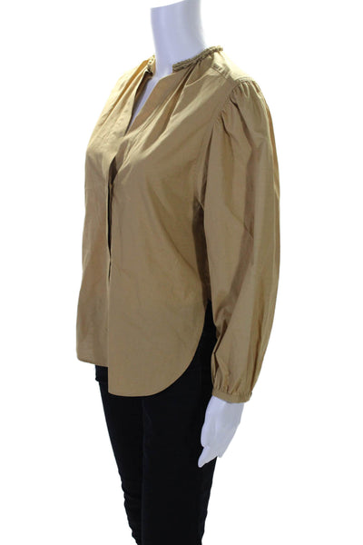 Vince Women's Long Sleeves Button Down Cotton Round Neck Blouse Tan Size XXS