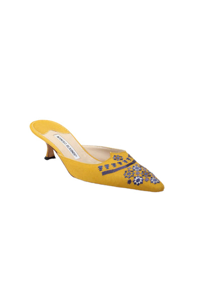 Manolo Blahnik Women's Kitten Heels Embroidered Mules Sandals Yellow Size 7