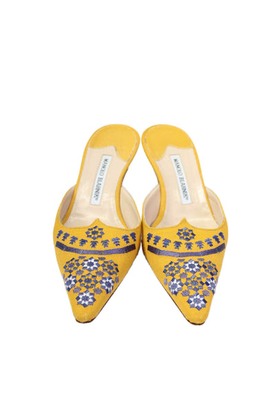 Manolo Blahnik Women's Kitten Heels Embroidered Mules Sandals Yellow Size 7