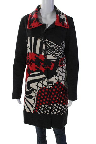 Didier Parakian Womens Abstract Collared Button Up Longline Coat Black Size 38