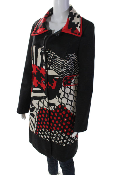 Didier Parakian Womens Abstract Collared Button Up Longline Coat Black Size 38