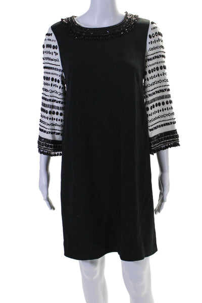 Andrew Gn Womens Two-Toned Beaded Round Neck Long Sleeve Dress Black Size 42