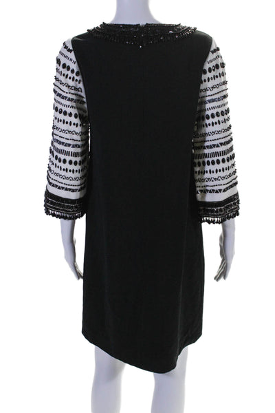 Andrew Gn Womens Two-Toned Beaded Round Neck Long Sleeve Dress Black Size 42