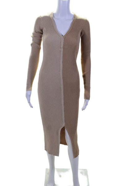 Monrow Womens Long Sleeve V Neck Rib Knit Long Dress Beige Size Small