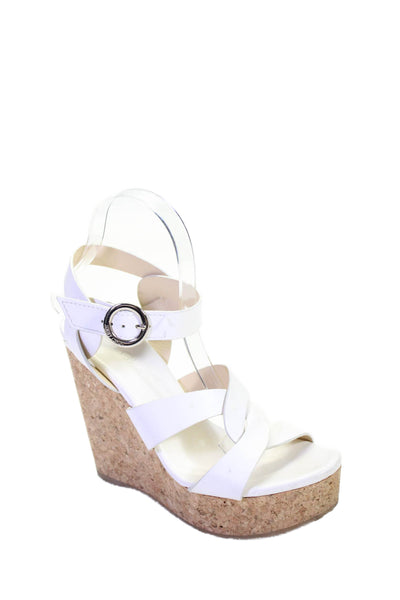 Jimmy Choo Womens Leather Platform Peep Toe Wedge Sandals White Size 8.5