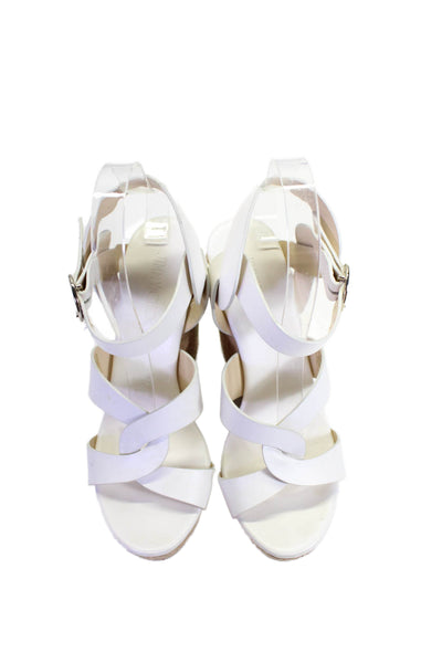 Jimmy Choo Womens Leather Platform Peep Toe Wedge Sandals White Size 8.5