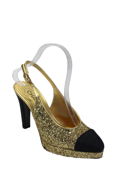 Chanel Womens Platform CC Cap Toe Glitter Slingback Pumps Gold Tone Size 38.5