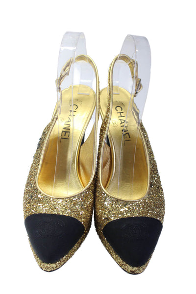 Chanel Womens Platform CC Cap Toe Glitter Slingback Pumps Gold Tone Size 38.5