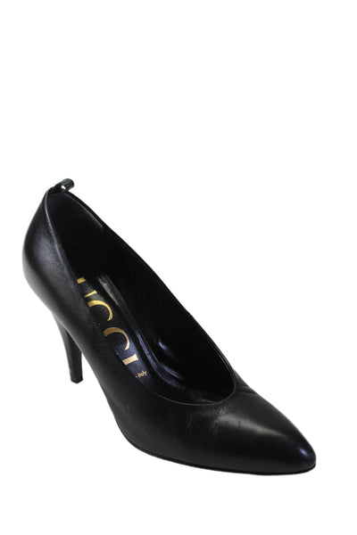 Gucci Womens Slip On Cone Heel Pointed Toe Pumps Black Leather Size 38.5