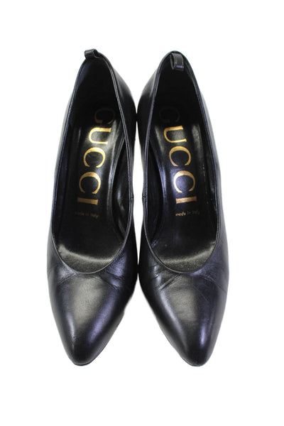 Gucci Womens Slip On Cone Heel Pointed Toe Pumps Black Leather Size 38.5