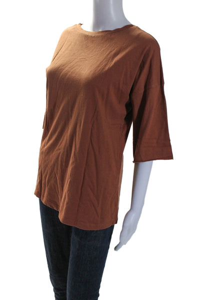 Tela White T-Shirt Women's V-Neck Short Sleeves Basic T-Shirt Brown Size M