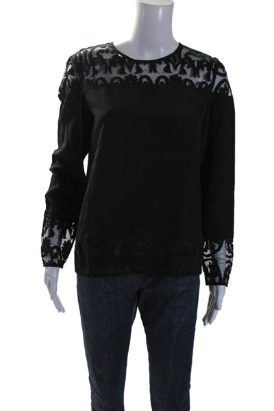 Sonia Women's Round Neck Long Sleeves Lace Trim Silk Blouse Black Size 36