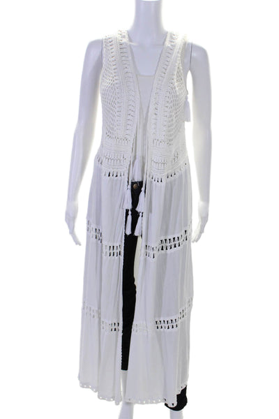 Tiare Hawaii Womens Knitted Sleeveless Tassel Tied Duster Cardigan White Size XS