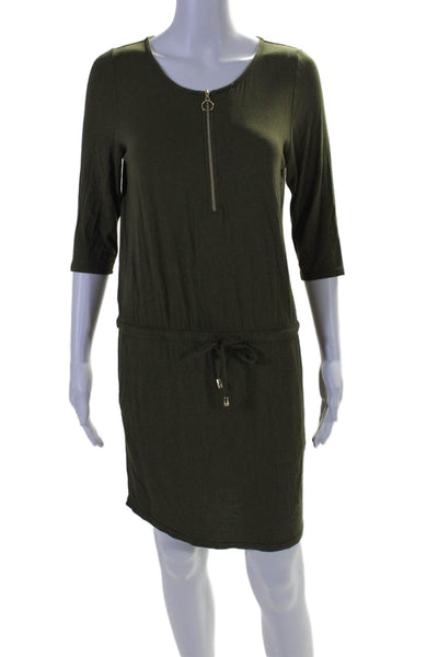 Lascana Womens Olive Green Tie Waisted Front Zip 3/4 Sleeve Shift Dress Size M