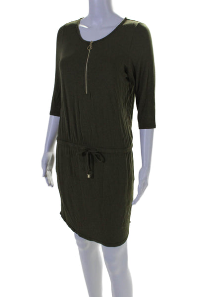 Lascana Womens Olive Green Tie Waisted Front Zip 3/4 Sleeve Shift Dress Size M