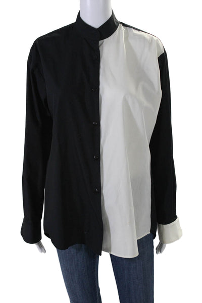 Kimberly Taylor Womens Button Front Collarless Split Shirt Black White Small