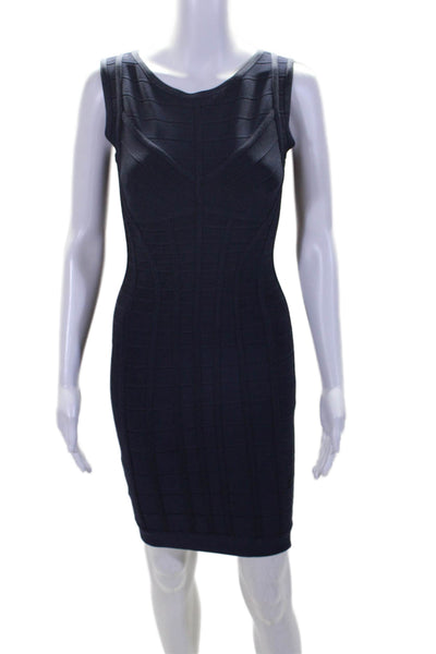 Herve Leger Womens Round Neck Zipped Midi Bandage Bodycon Dress Navy Size S